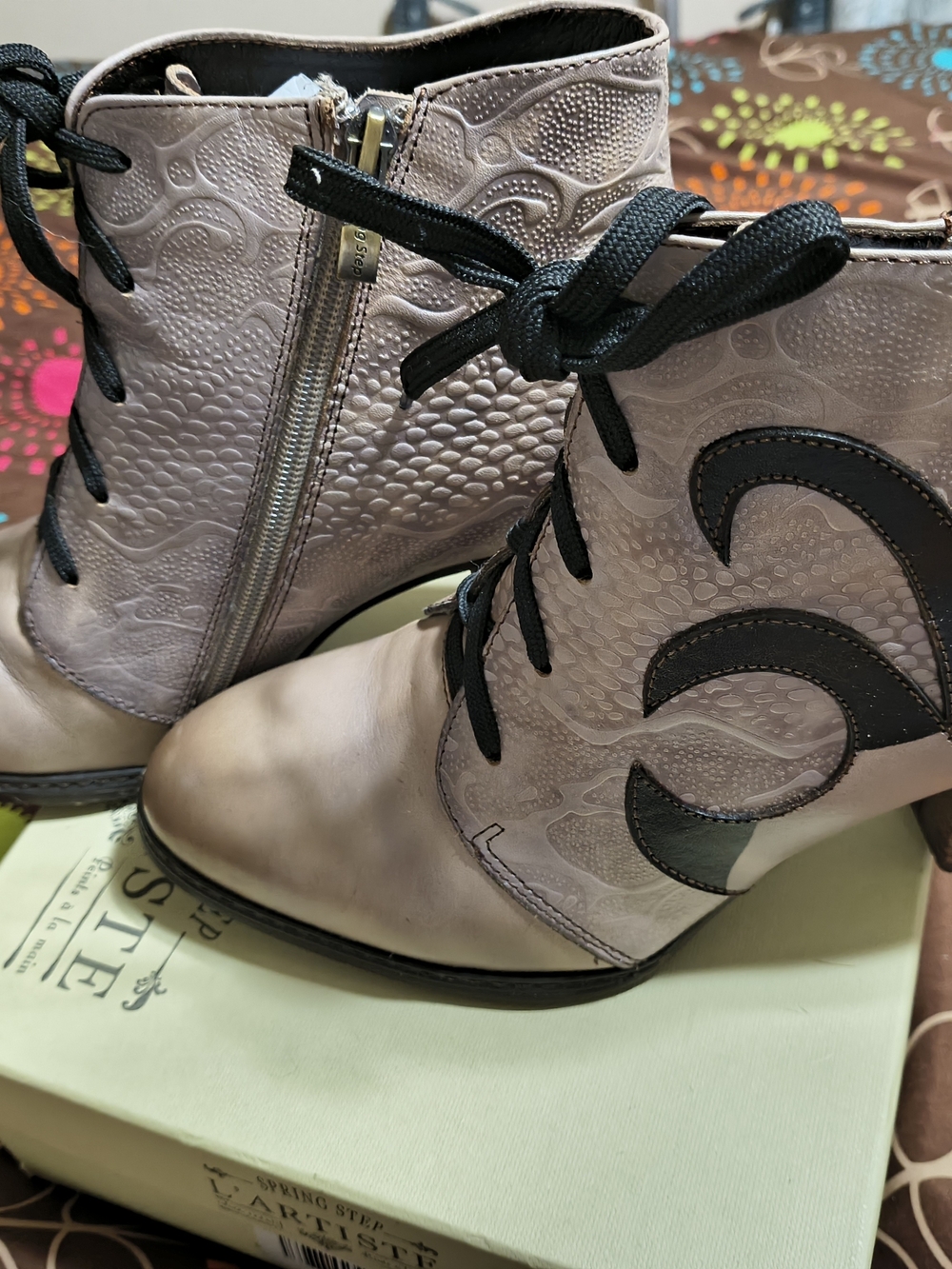 L'ATISTE Blush Pink Lace-Up Ankle Boots with Black Appliqué